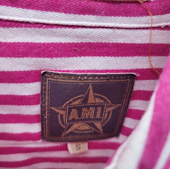 Vintage A.M.I. Womens Size Small Pink White Striped Button Up Short Sleeve Shirt - Picture 7 of 8